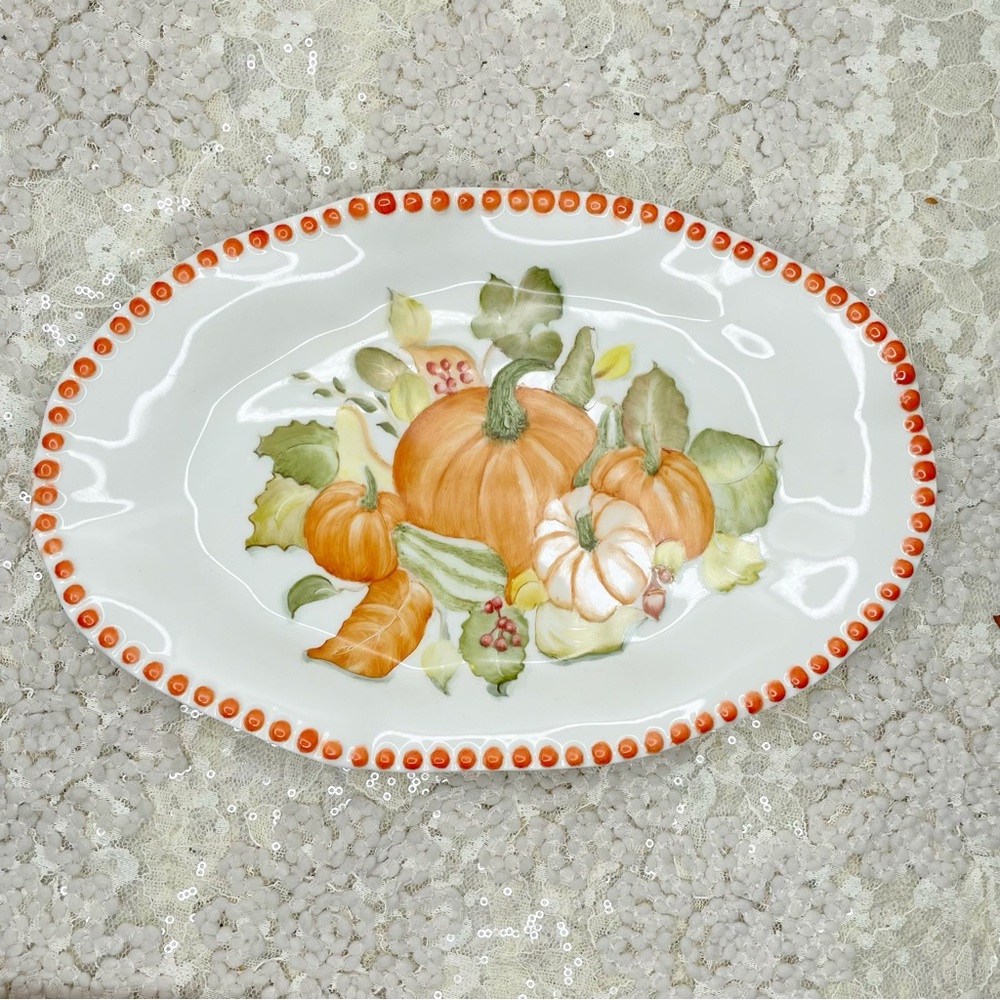Ceramic Handpainted Harvest Pumpkin Gourds Leaves Fall Serving Tray